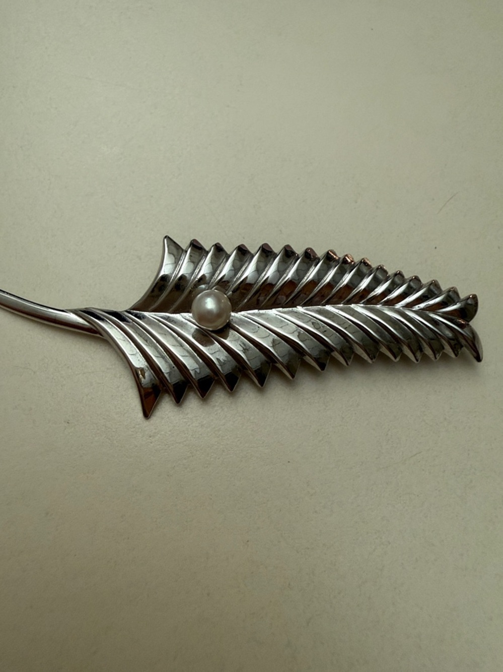 Vintage De Curtis Sterling Silver Akoya Pearl Palm Leaf Brooch Pin